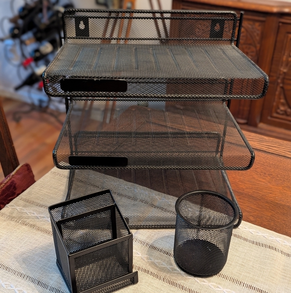 Black Mesh Desk Organizer Set -3 Tier In/Out Basket/Pencil Cup/ 3 Slot Organizer